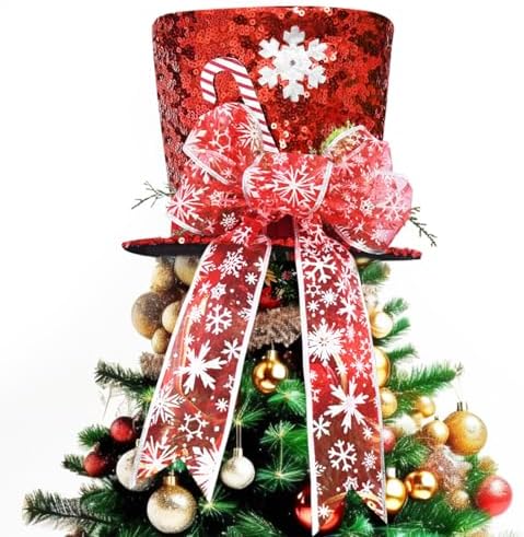 Christmas Tree Topper Hat,10 in Stripes Plaid Xmas Tree Top Hat with Xmas Ornaments and Bows,Collapsible Red White Stripe Tree Topper,Christmas Tree Decoration,Xmas Tabletop Ornaments (A)