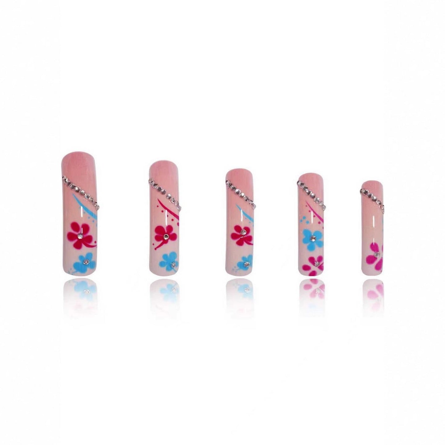 Curved Press on Nail Flower Fake Nails Extra Long Square Press ones Pink White Gradient with Rhinestones desigsn Blue Pink Floral Glue on Nails Glossy Acrylic Full Cover False Nails for Women24pcs