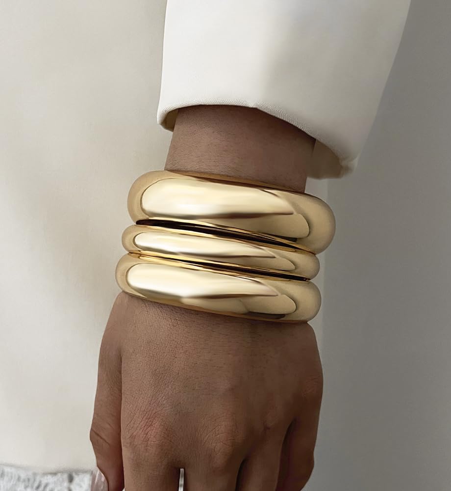 Chunky Gold Bangle Bracelets for Women, Dainty 14k Gold Plated Big Stackable Bangles Set, Trendy Statement Cuff Bracelet Stack Fashion Jewelry Gifts (3 Thick gold bangles)