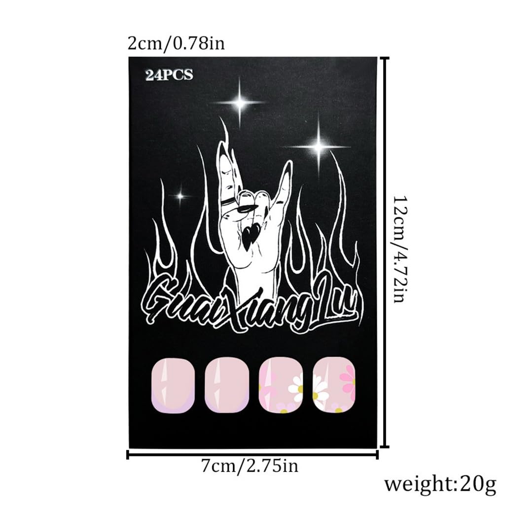 Short Press on Nails Almond Fake Nails with Colorful Flower Design Cute Stick on False Nails for Women Spring Manicure 24Pcs