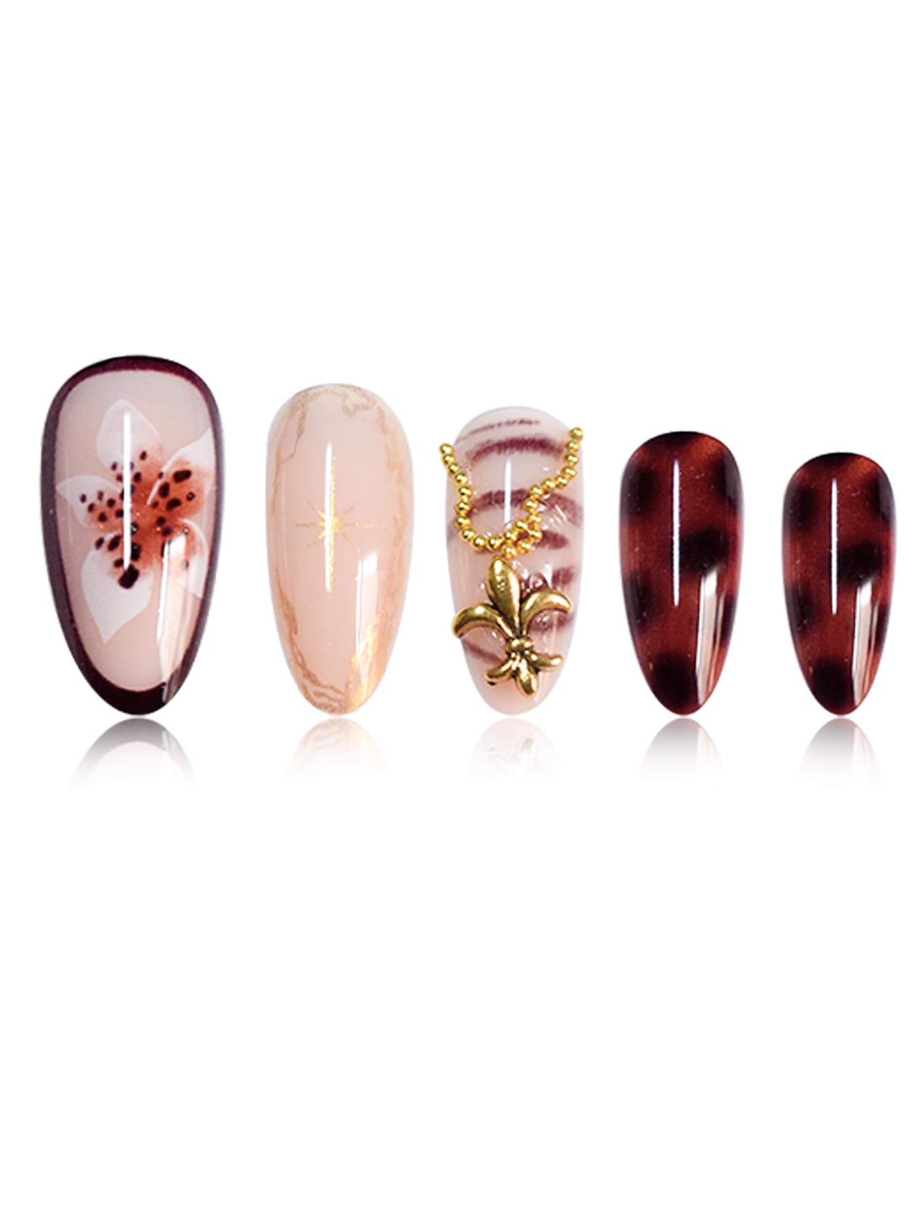 SEENEEY Medium Almond Press on Nails Brown Fake Nails Floral Artificial Nail with Gold Charm Designs Glitter Stick on Nail for Women 24pcs