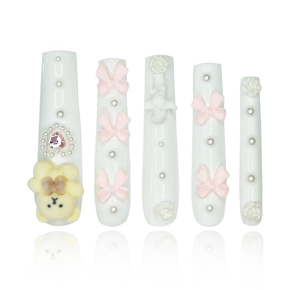 GGddsha 2025 White Long Nails with Cute Bear Rose Bow Design, Reusable PMMA Acrylic Handmade Nails Full Deluxe 3D Fake Nails with Pearls w/Box Ladies Gift (White, Medium)