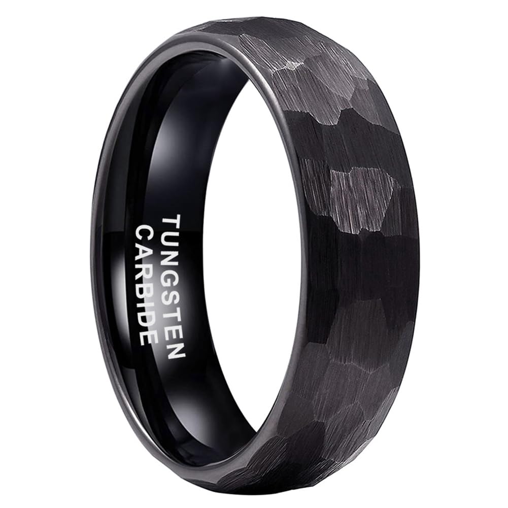 TUTISS 6mm Black Hammered Tungsten Rings for Men Women Fashion Engagement Wedding Bands Domed Matte Finish Comfort Fit Size 10