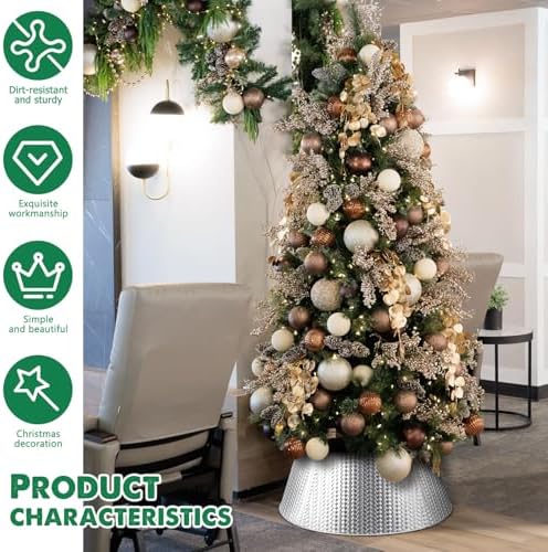 EIMMBD Metal Christmas Tree Collar, 28 Inch Christmas Tree Collar Basket Skirt for Large Christmas Tree, Artificial Tree Skirt Holiday Christmas Decorations Indoor Outdoor(Silver)