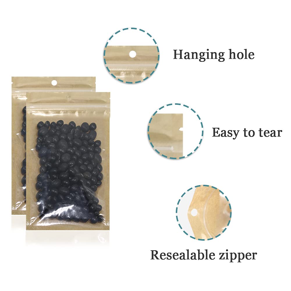 FERENLI 100Pcs Clear Brown Kraft Paper Plastic for Zip Reclosable Bag Lock Flat Heat Sealable Smell Proof Packaging Bags Zipper Lock Coffee Plastic Bags 12x20cm (4.7x7.8 inch)