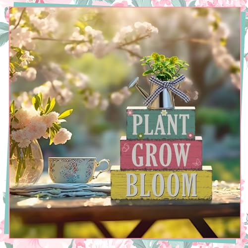 GlikCeil 4 Pcs Spring Table Decoration Spring Tiered Tray Decor Plant Grow Bloom Wooden Kettle Block Sign Farmhouse Rustic Table Decor Wood Tabletop Centerpiece for Home Desk Kitchen Shelf Decors - style: Spring