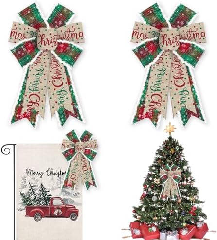 2PCS Merry Christmas Bow for Wreath, Burlap Red Green Plaid Wreath Bow for Christmas D??cor Winter Bow for Front Door Indoor Outdoor Wall Tree Topper Decoration Supplies Xmas Hanging Ornament