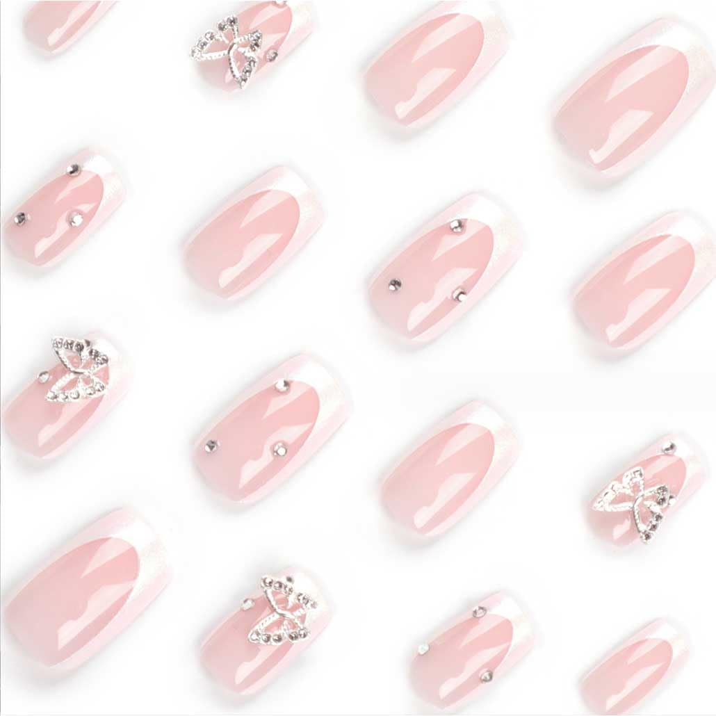 Foccna White Press on Nails Medium Long Rhinestone Fake Nails Square Bling Glossy 3D Butterfly False Nail Tips Artificial Nails Finger Manicure for Women and Girls,24pcs