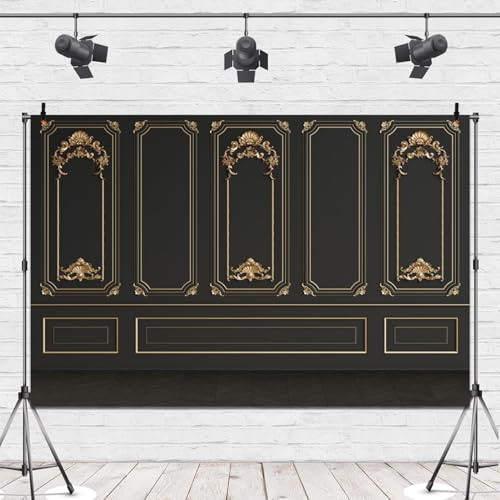 Great 20s Backdrop 18x7ft Vinyl Roaring 1920s Party Photography Background Luxury Black Gold Masquerade Wall Art Decor Dance Prom Photo Props - size: 18x7ft