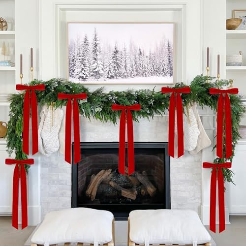 Velvet Bows for Christmas Tree Pack of 4 Large Rustic Crafts Gift Wreath Bow Ornaments for Xmas Topper Staircase Home Wedding Outdoor Interior Decor, 2" Width, 23 x 8.7 Inch (4, Red)