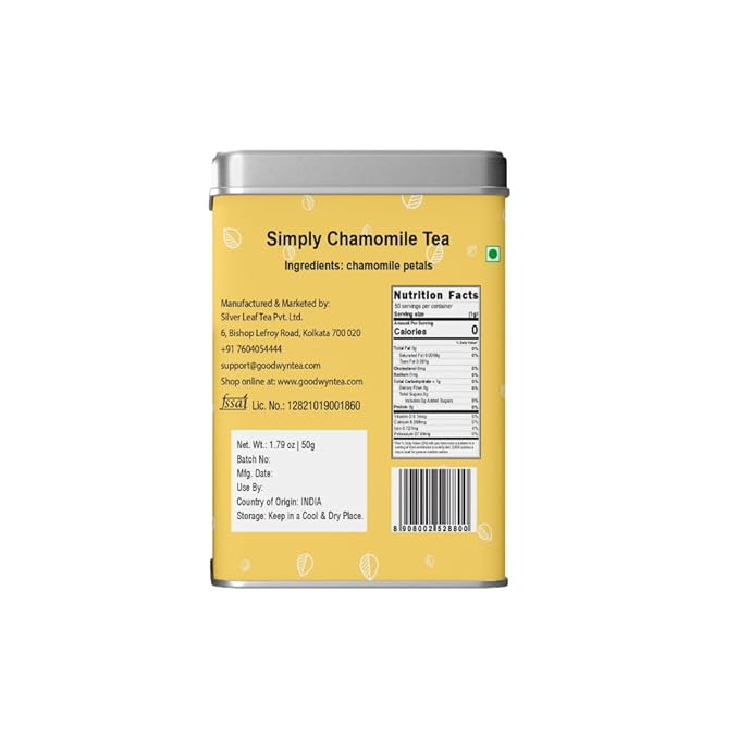Goodwyn Chamomile Tea Loose Leaf – 25 Cups (50g / 1.76 oz) | Caffeine-Free Dried Chamomile Flowers & Real Petals in Premium Reusable Tin | Sugar-Free Organic Herbal Tea | Indian Origin | Perfect for Gifting | Aromatic & Natural Tea