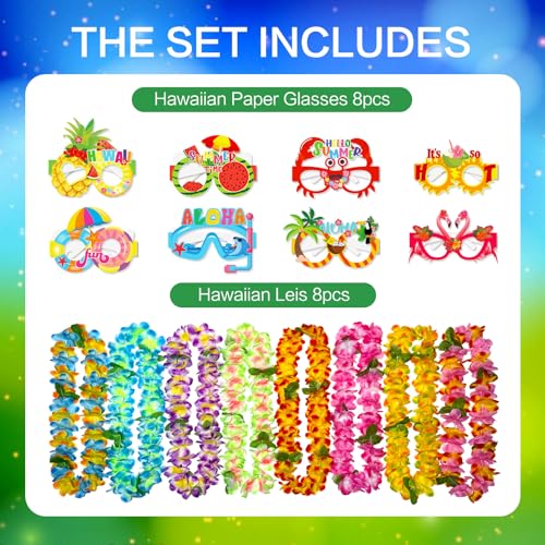 GoodUping 16pcs Hawaiian Leis Party Set with 8 Necklaces and 8 Photo Booth Glasses for Tropical Luau, Summer Beach Birthday, Pool Party Decorations & Favors - size: 16pcs