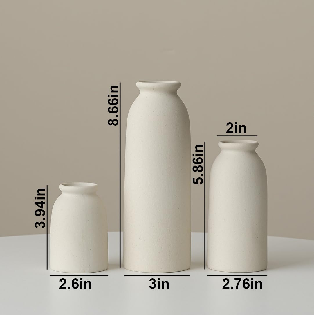 Ceramic Vase Set-3, Small Flower Vases for Decor, Modern Boho Farmhouse Style, Decorative Vases for Pampas Grass & Dried Flowers, Distressed Finish (Beige)