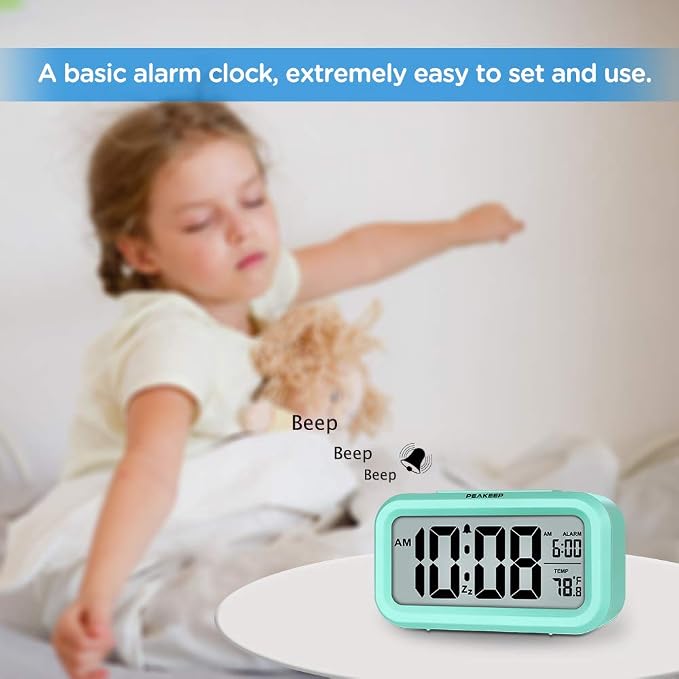 Peakeep Night Light Digital Alarm Clock Battery Operated Indoor Temperature | Small Cordless Cute Clock for Bedroom Desk Travel, Simple to Use for Teens Kids (Mint)