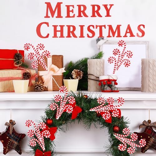 Sggvecsy 6 Pcs Christmas Tree Decoration Woolen Bells Candy Cane Shape Picks Lollipop Curly Pick Ornaments Xmas Tree Topper for Party Vase Filler Home Office Decor (Red)