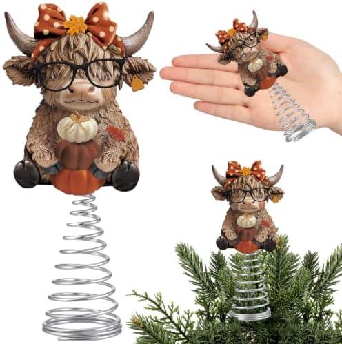 Gejoy Fall Highland Cow Miniature Topper 5.1 Inches Autumn Mini Tree Topper