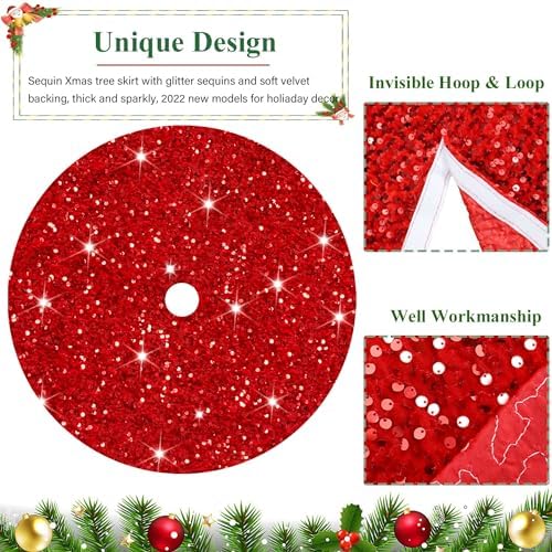 FUHSY 48 Inches Diameter Christmas Tree Skirt Red Sequin Velvet Tree Decorative Skirts Glitter Embroidered and Sequined Tree Cover Mat Glitter Xmas Tree Skirt for Christmas Halloween Tree Decoration