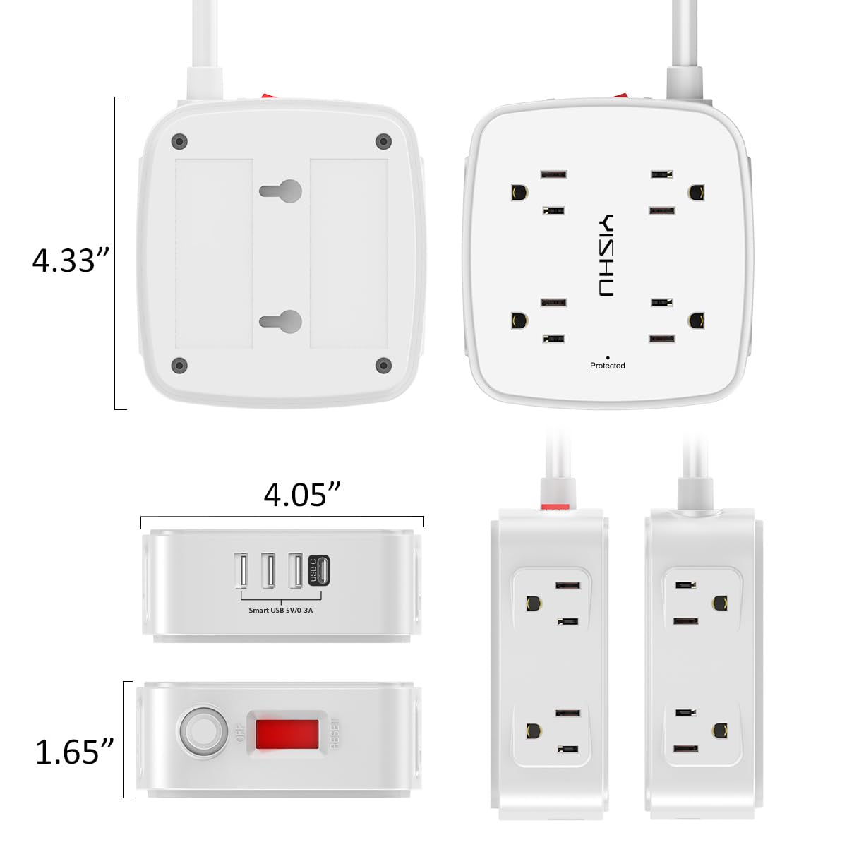 6 Ft Surge Protector Power Strip - 8 Widely Outlets with 4 USB Ports, 3 Side Outlet Extender with 6 Feet Extension Cord, Flat Plug, Wall Mount, Desk USB Charging Station, ETL,White