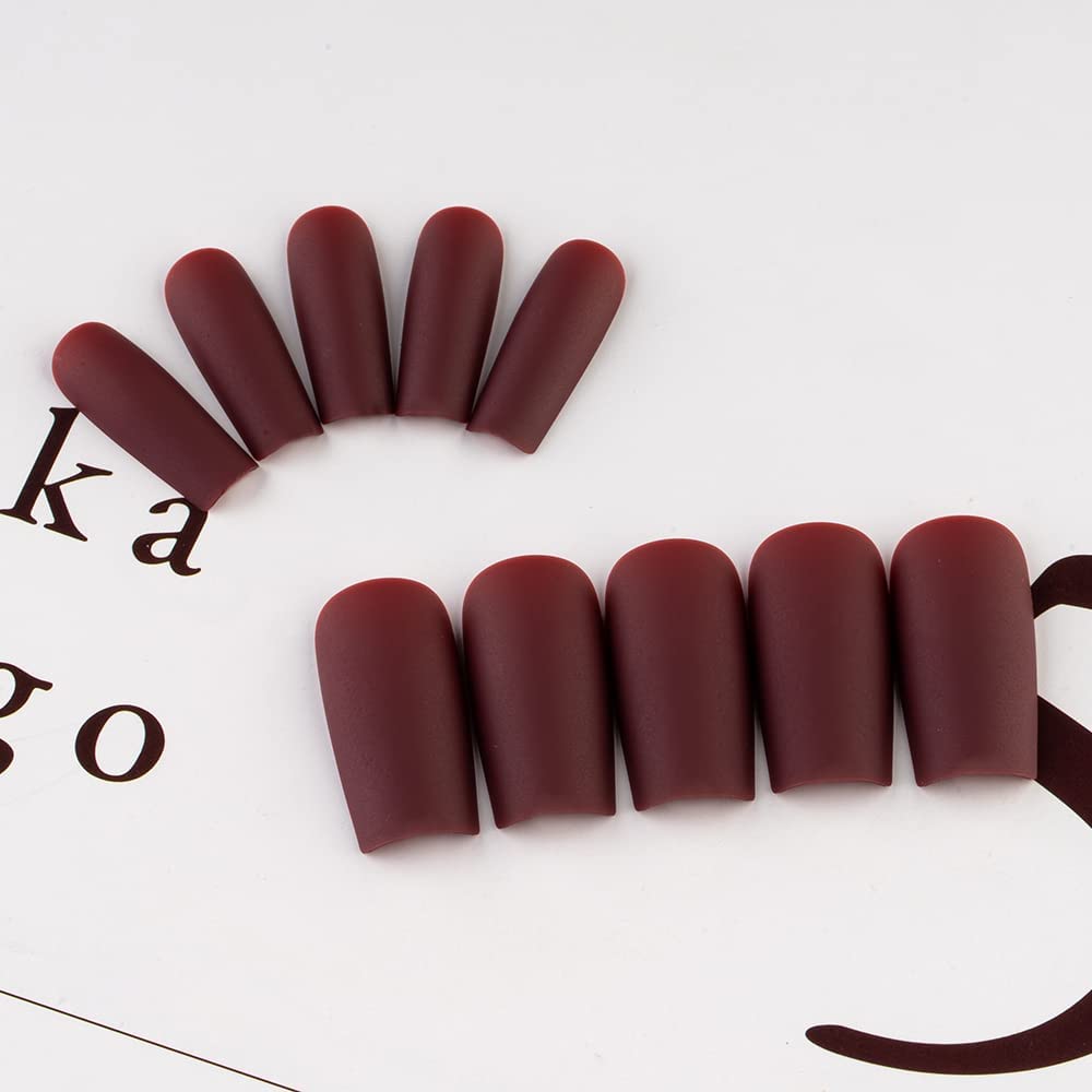 Matte Dark Red Press On Nails - Medium Long Square, Coffin Acrylic Press Ons - Glue On Medium Length, Solid Color Fake Cherry Red Thick Stick On Nails for Women
