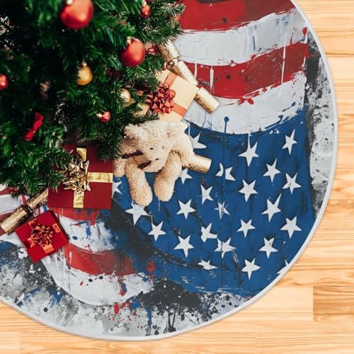Dussdil Patriotic Us Flag Christmas Tree Skirt 36 Inches Xmas Tree Skirts Seasonal Round Tree Stand Mat Skirt for Holiday House Celebration Party Indoor Home Office Decor Ornaments