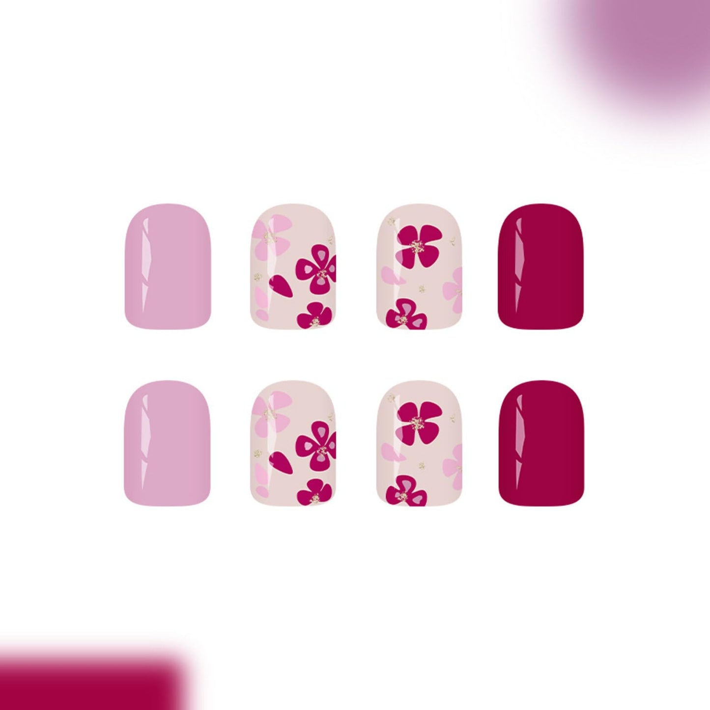 Short Square Press on Nails Deep Light Pink Red Flower Motifs Shiny Drill Surface Elegant Sweet Manicure Stick on Nails Artificial Nails Suitable for Charming Glossy Delicate Stylish 24 Pcs