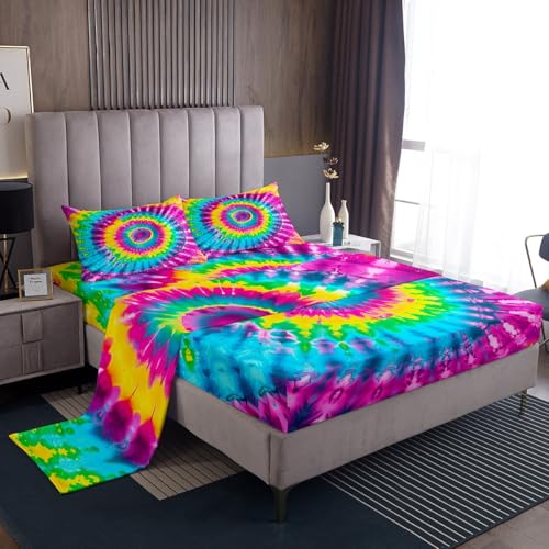 Rainbow Tie Dye 4-Piece Sheet Set, Full Size, Deep Pocket Fitted Sheet, 2 Pillow Cases - color: Multi 05, size: Full