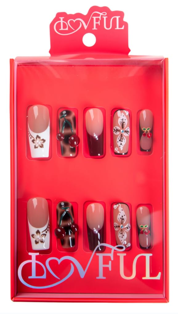 LOVFUL Reusable Press on Nails | Salon Quality Sustainable Style Handmade with Full Covered Crystals | Square Classic Regular 1.3 in | (Cherry Glaze, M)