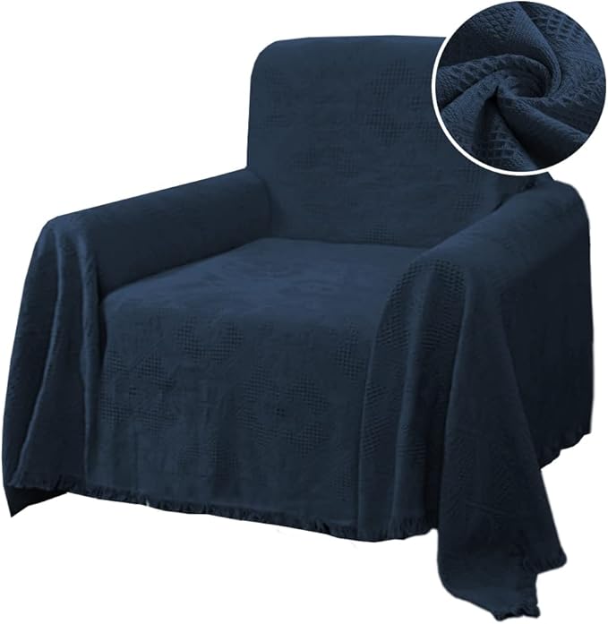 H.VERSAILTEX Cotton Sofa Covers Couch Cover Sofa Slipcover for Most Shape Sofas, Feature Thick Woven Jacquard Seamless with Tassels, Multi-Use Decorative for Couch (Medium: 71" x 91", Navy)