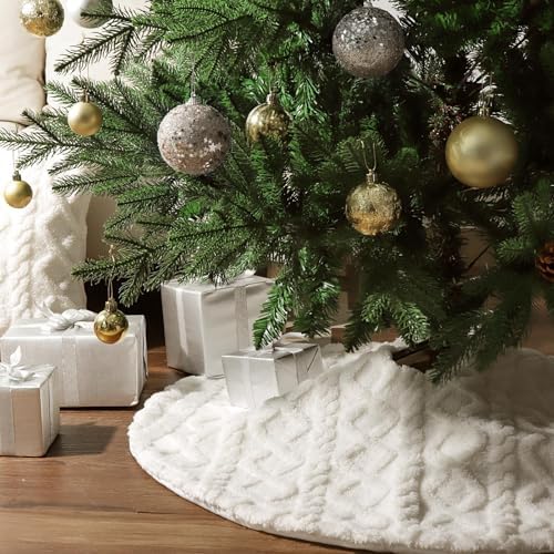 Faux Fur Christmas Tree Skirt: 36 Inch White Plush Faux Fur Cover with Crossed Diamond Textured Pattern, Rustic Merry Home Decor