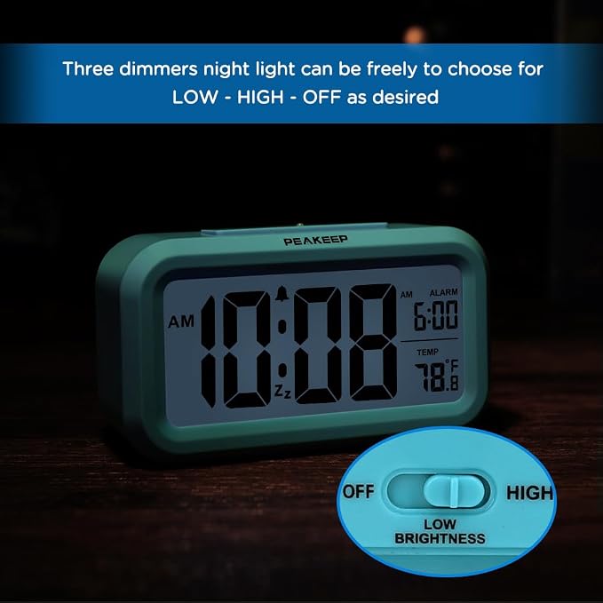 Peakeep Night Light Digital Alarm Clock Battery Operated Indoor Temperature | Small Cordless Cute Clock for Bedroom Desk Travel, Simple to Use for Teens Kids (Blue)
