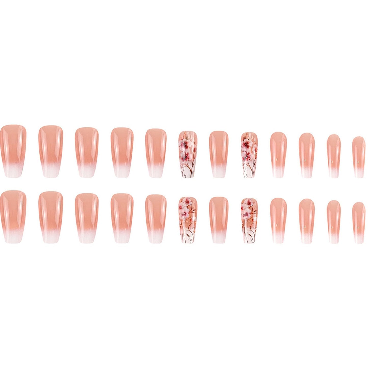 Ombre Press on Nails Medium Fake Nails with Flower Designs Gradient Acrylic Nails Press ons Glossy False Nails Pink Ombre Coffin Glue Stick on Nails for Women 24 Pcs
