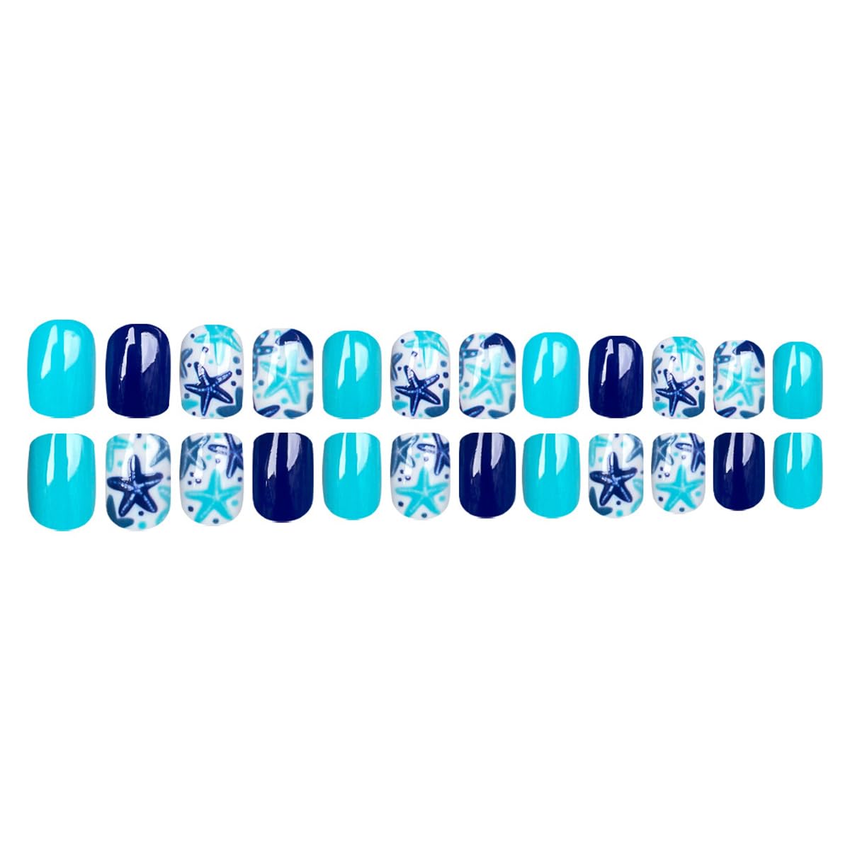 Blue Press on Nails Short Square Fake Nails Summer Nails Press ons with Starfish Design,Beach Full Cover Stick on Nails for Women Manicure,Artificial | Reusable | Easy Apply | 24Pcs