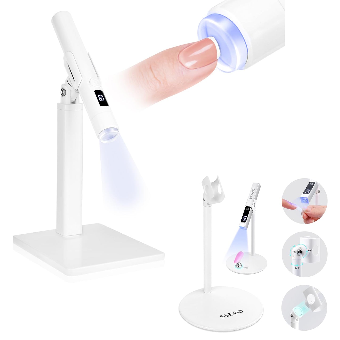 SAVILAND U V Nail Lamp Stand: Sturdy Only U V Light Stand for Gel Nails Polish 360° Adjustable Magnetic Rotation LED Nail Light for Gel Nails: 2-in-1 Handheld LCD Display Screen Flash Cure