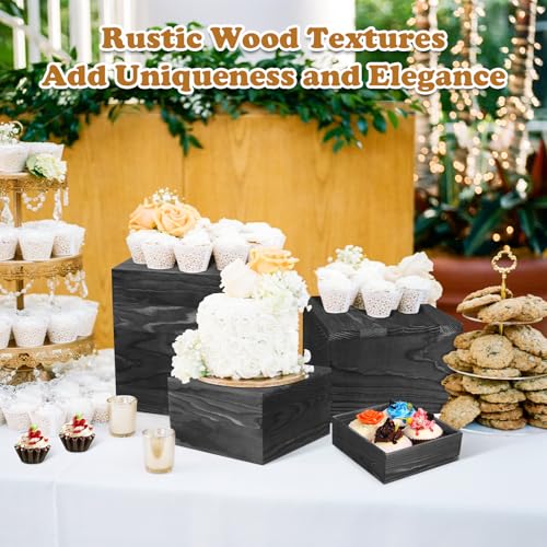 6 Pack Wooden Risers Display Stands Square Food Risers for Buffet Party Rustic Wood Cake & Cupcake Stands Nesting Box Wooden Crates for Display - color: Black