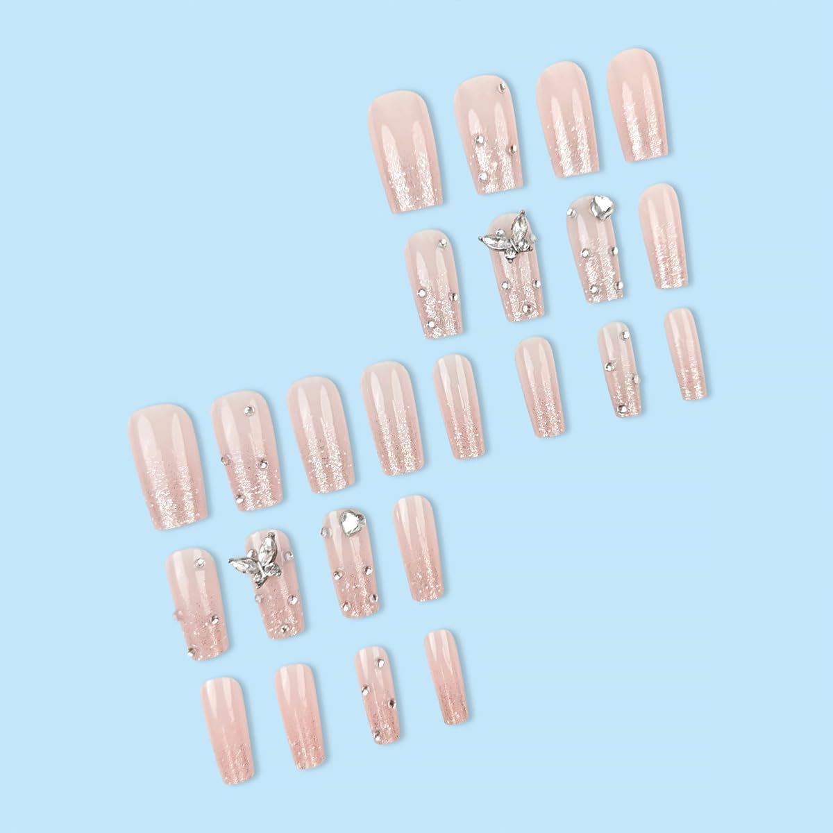 24Pcs Long Coffin Press on Nails Butterfly Fake Nails with Silver Glitter Rhinestones Designs White Gradient False Nails Cute Full Cover Artificial Glue on Nails Pink Stick on Nails for Women DIY Kit