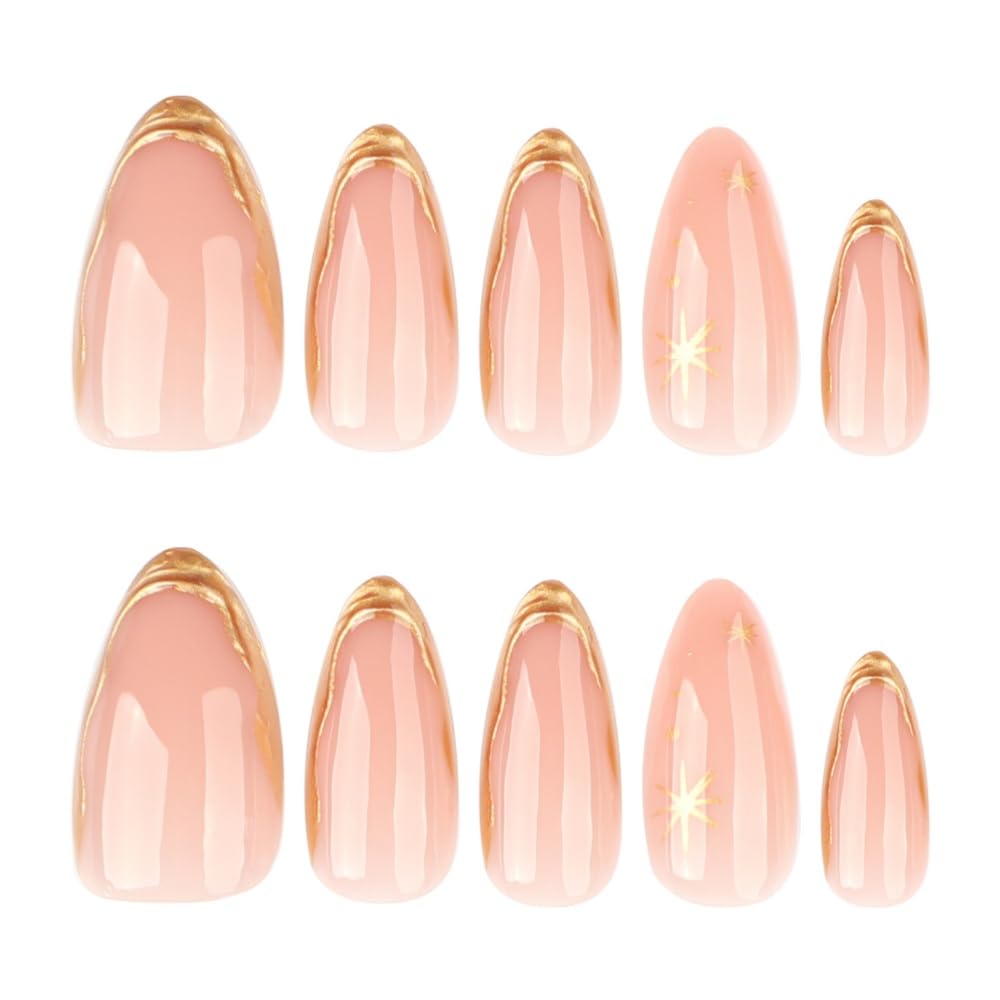 Gold Press on Nails French Tip Fake Nails Almond False Nails Press ons with Gold Line Design Stick on Nails Acrylic Glue on Nails for Women Manicure 24Pcs