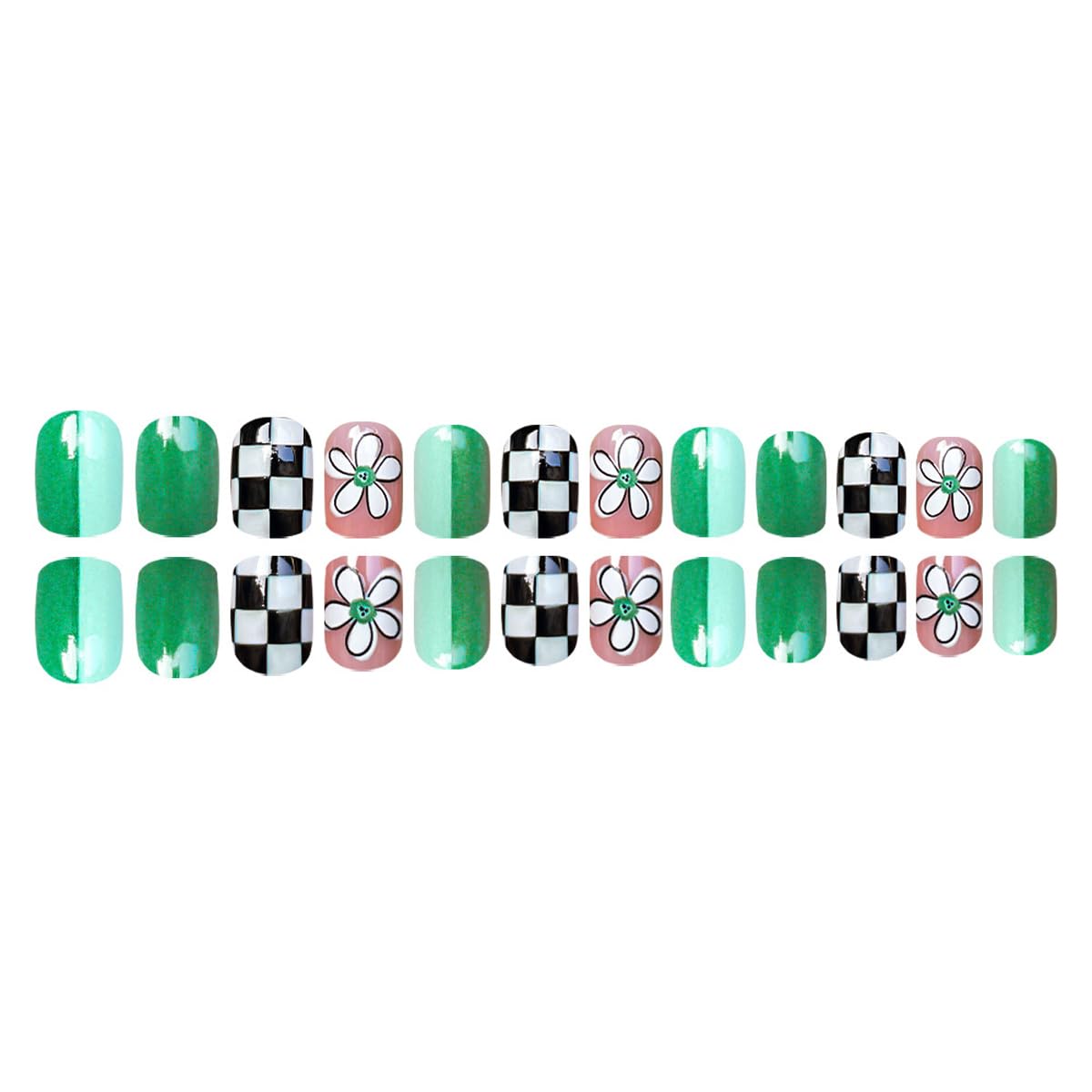 Green Press on Nails Short Square Fake Nails Spring Summer False Nails with Flower & Checkered Design Full Cover Stick on Nails for Women Manicure,Artificial | Reusable | Easy Apply | 24Pcs