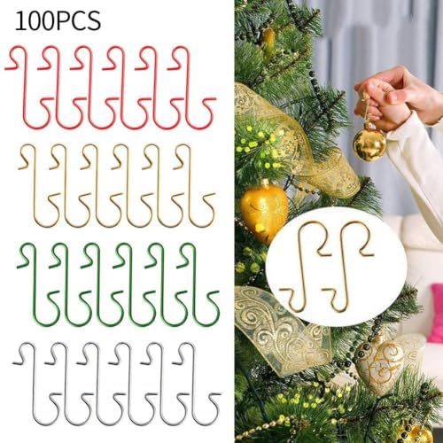100 Pack Christmas S Hooks For Tree Ornaments, Metal Decoration Hangers For Balls Lights Dolls, Silver(Red)