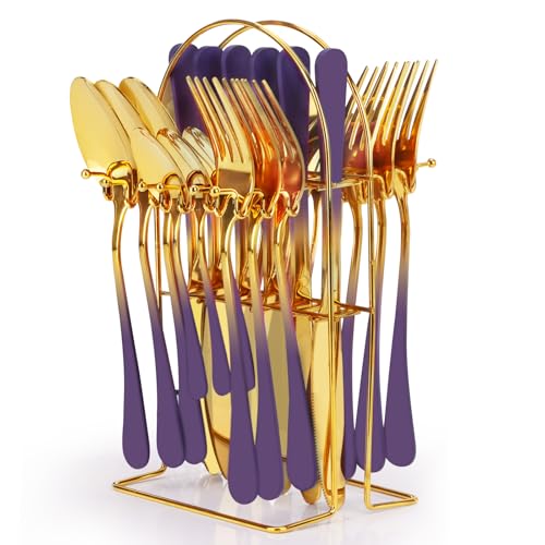 24 Pieces Flatware Set, Stainless Steel Cutlery Set with Silverware Holder, Modern Gold Silverware Set Includes Dinner Knives Forks Spoons,Hanging Silverware Set Service for 6 (Purple) - color: Purple