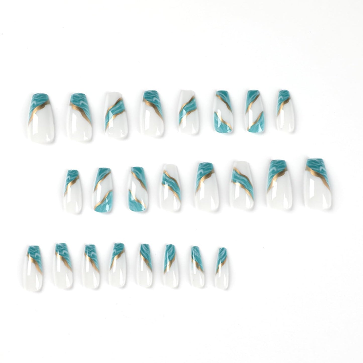 Coffin Press Ons Medium Fake Nails - Gold Line Designs, Light Blue Smudge Nails, Press Ons with White Glue, Glossy Full Cover Artificial Stick On Nails - 24PCs