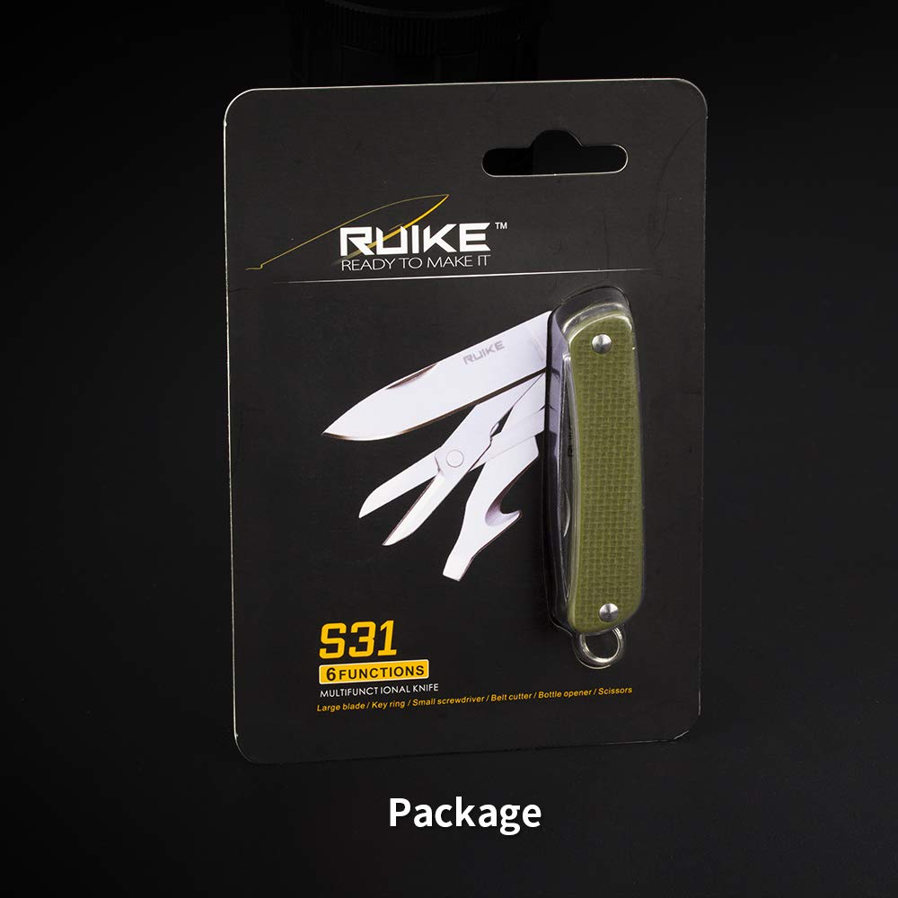 Ruike Keychain Small Pocket Knife,Folding 6 in 1 Multitool,12C27 Steel Stainless,G10 Handle,Mini EDC Tactical Camping Army Tac Survival Hunting Gear,Key Compact Scissors,Screwdriver,Bottle Opener Tool