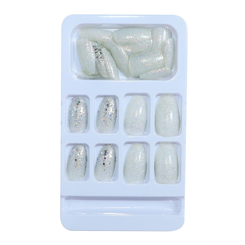 Hrnsnails Glitter Press On Nails Medium Coffin Fake Nails with Silver Bling Glitte Nail Press Ons Design, Artificial False Nails Press On Nail Kit Sparkly Sequins Stick On Nails for Women
