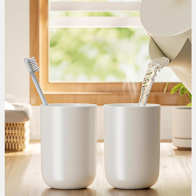 Creative Drinking Water Cup at Home, Solid Color Couple Toothbrush Holder in Bathroom, Portable and Simple Toothbrush Cups for Travel，10 oz(300ml) (White & White)