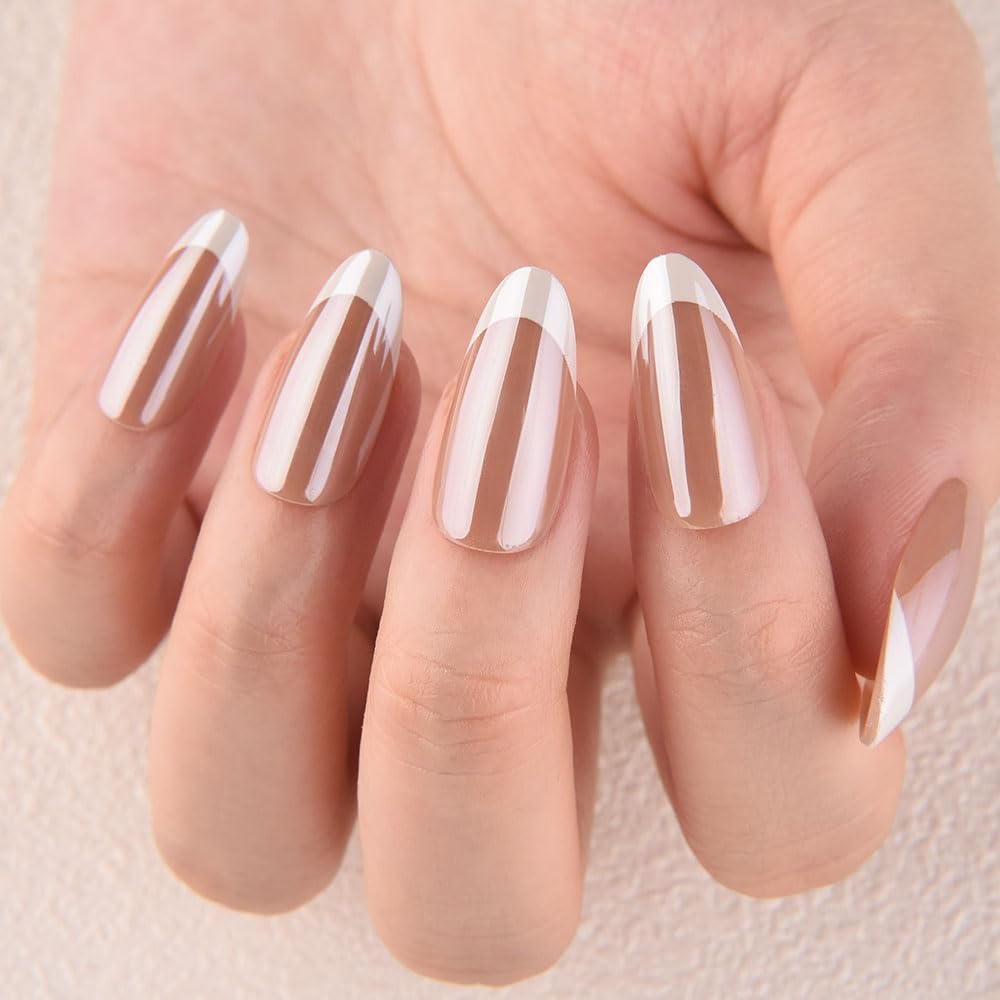 evpct French Tip Press On Nails Medium Almond, Nude Brown + White Tips, Chrome Glazed Medium Almond Fake False Press on Nails, Soft Gel Stick on nail Press ons Nail Kit, Reusable Salon Quality