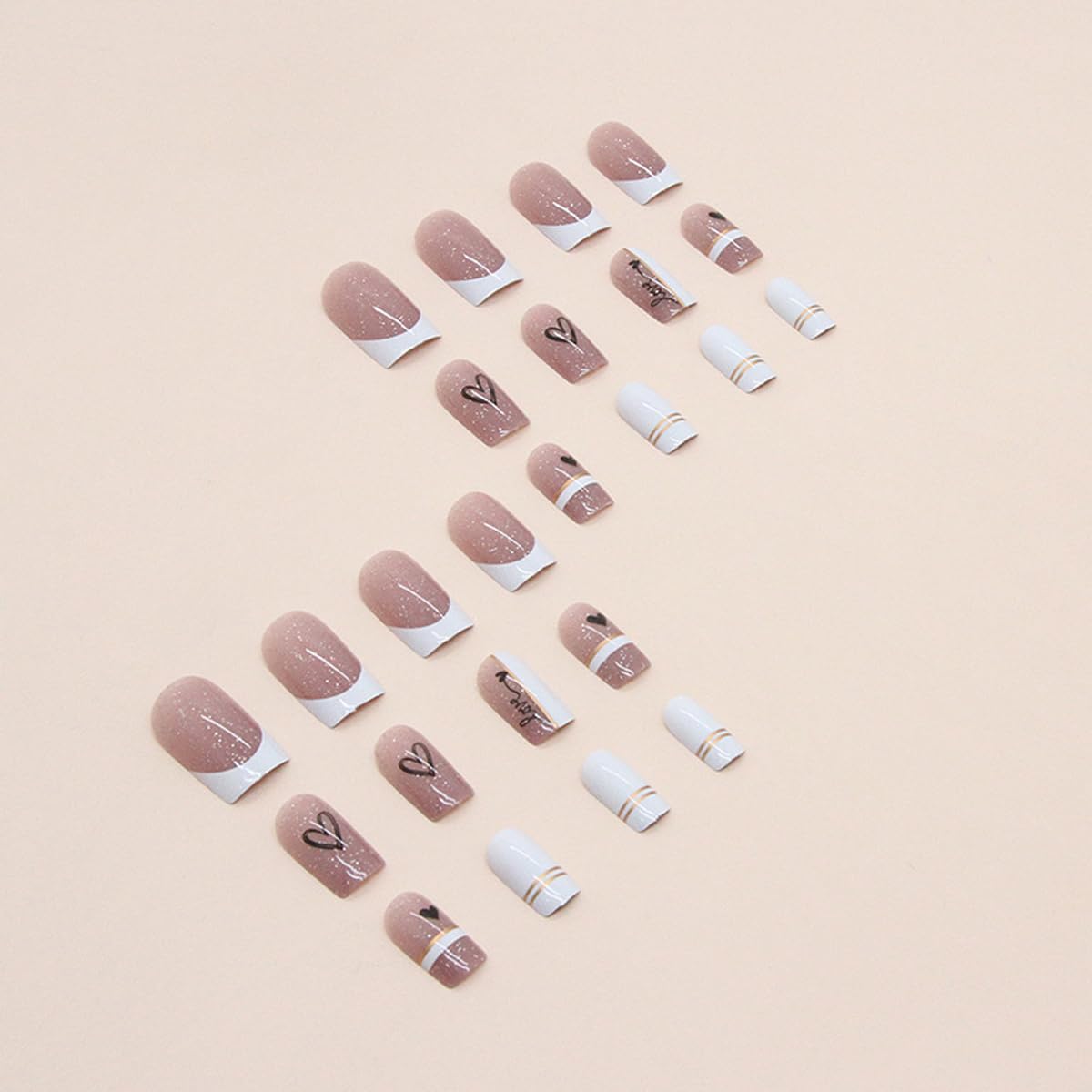 Square Press on Nails Medium French Tips Fake Nails with Glitter Powder Designs Glossy Full Cover Silvery Acrylic False Nails with Black Heart Designs Reusable Glue on Nails for Women 24PCS