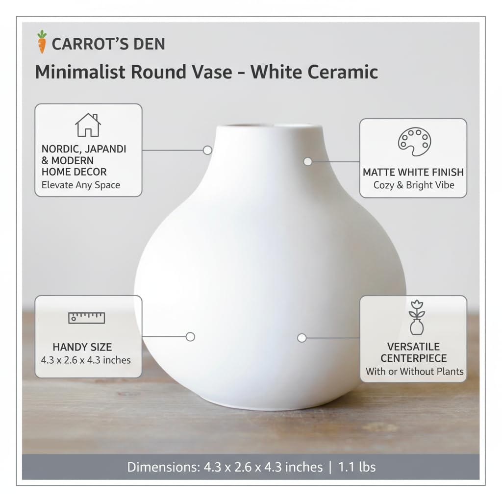 Carrot's Den White Round Vase - Minimalist Nordic, Japandi, Mid Century Modern Home Decor | Table Centerpiece, Wedding, Living Room, Bookshelf, Office, Modern Home, Entryway, Console (White)
