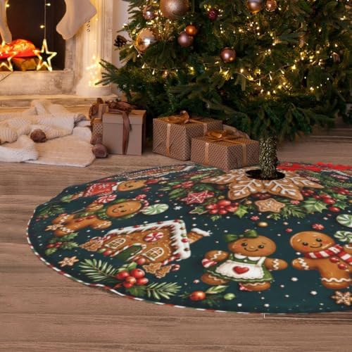 Christmas Gingerbread Christmas Tree Skirt Xmas Tree Skirt, Winter Christmas Tree Mat for Home Party Holiday Indoor Outdoor Decorations