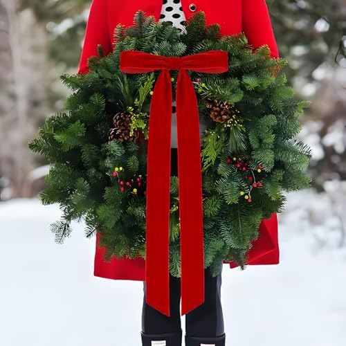 Velvet Bows for Christmas Tree Pack of 4 Large Rustic Crafts Gift Wreath Bow Ornaments for Xmas Topper Staircase Home Wedding Outdoor Interior Decor, 2" Width, 23 x 8.7 Inch (4, Red)