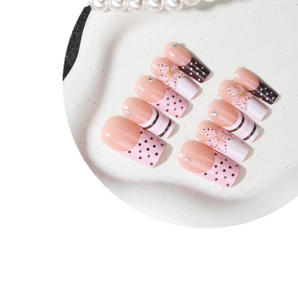 Polka Dot Press on Nails Long Square Fake Nails French Tip Nails Press ons with Flower Design Pink Brown Summer Glue on Nails Full Cover Glossy Stick on Nail for Women Manicure 24Pcs