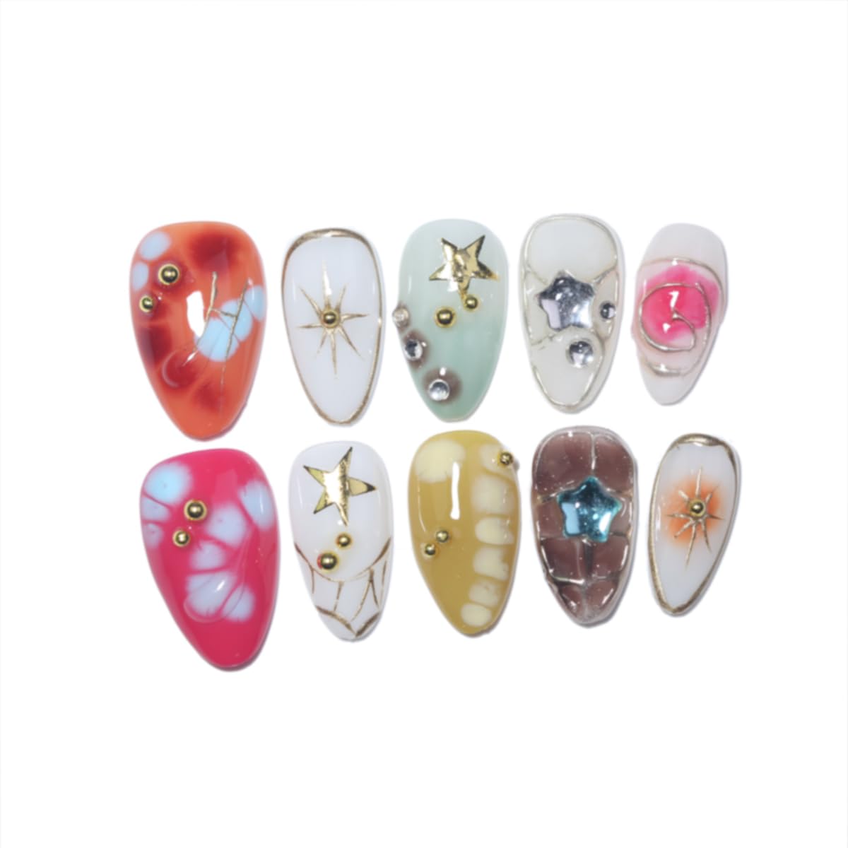 10Pcs Short Almond Handmade Press On Nails | Easy Apply & Remove, Reusable Salon Quality Nails | Colorful Y2K Fake Nails with 3D Star, Gold Accents & Rhinestone (RR06, S)